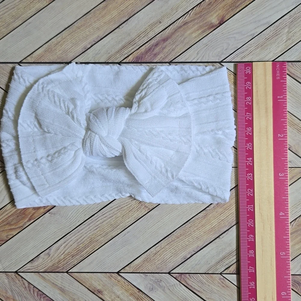 White Cable Knit Baby Bow Headband Soft Stretch Nylon Infant & Toddler Headwrap